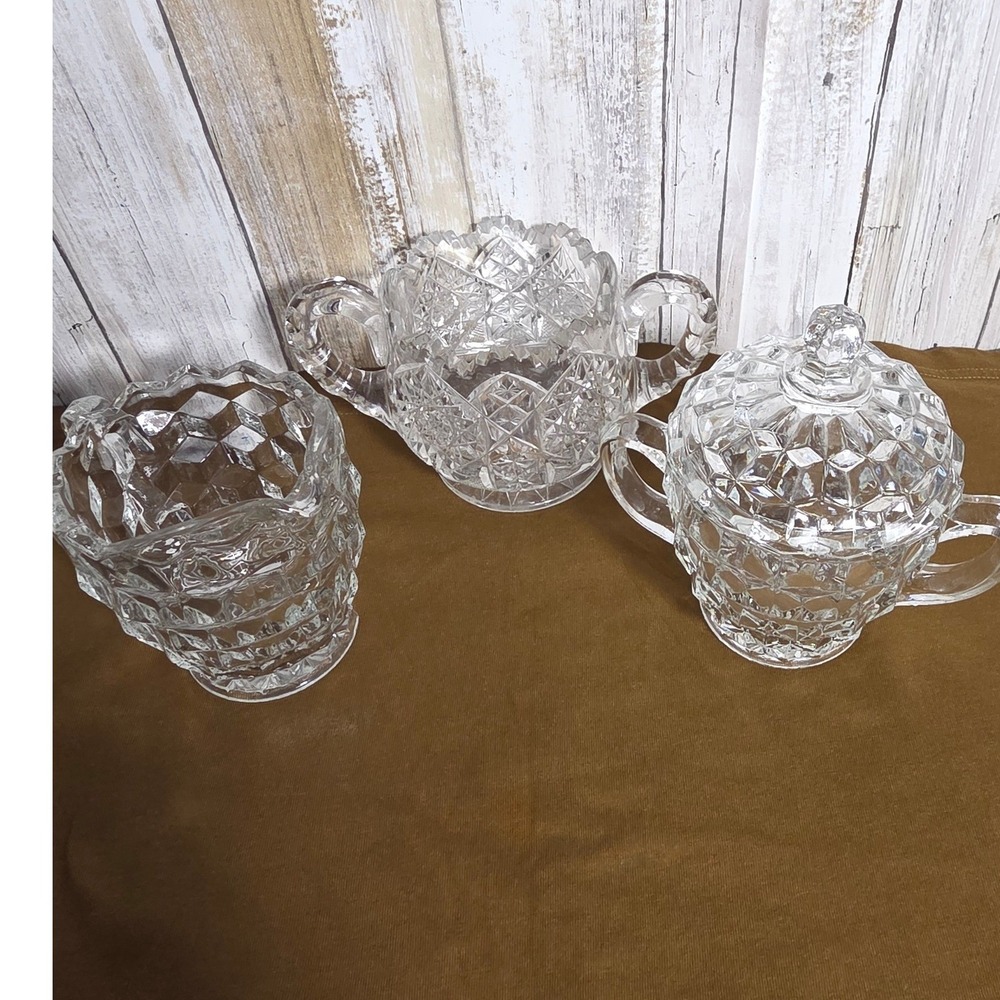 Vintage Fostoria American Clear Glass Creamer and Sugar Bowl Set Diamond Point - Picture 10 of 11